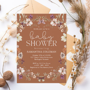 Elegant Script Terracotta Wildflower Baby Shower Invitation