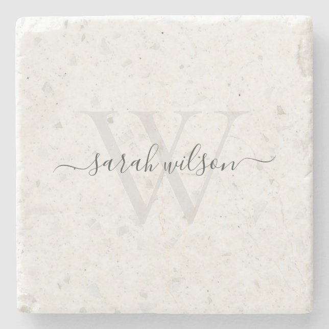 Elegant Script Terrazzo Stone Ivory Grey Monogram Coaster (Front)