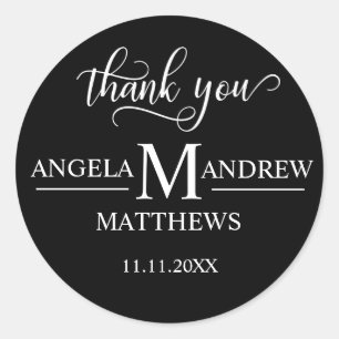 Elegant Script Thank You   Black & White Wedding Classic Round Sticker
