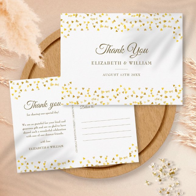 Elegant Script Thank You Gold Love Hearts Confetti Postcard (Creator Uploaded)