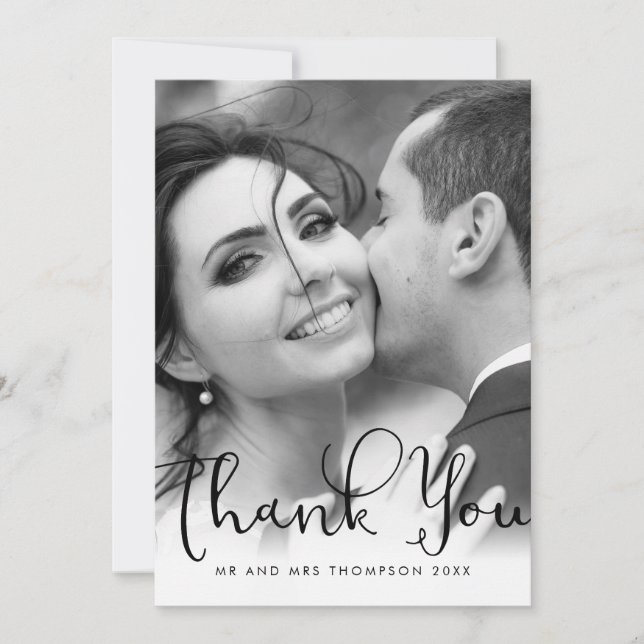 Elegant Script Thank You Polka Dot Wedding Photo Card (Front)