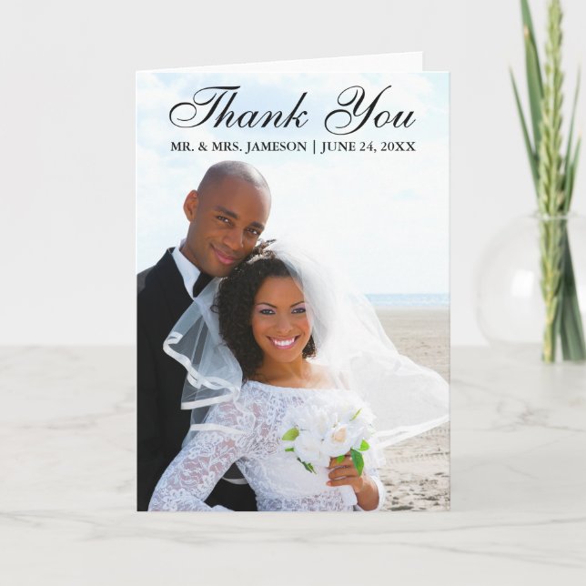 Elegant Script  Thank You Wedding Photo Fold Card (Front)