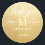 Elegant Script Thank You White Gold Wedding Classic Round Sticker<br><div class="desc">Simply elegant are these wedding stickers. Faux Gold Foil  - perfect for that modern wedding theme. Bride and groom's  names with last name and monogram initial.   Editable templates - add your text.  Contact designer for other variations.</div>
