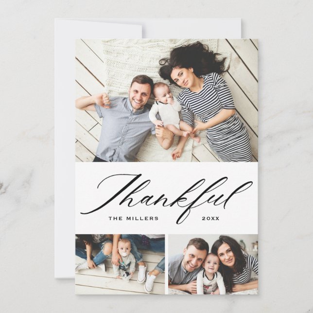 Elegant Script Thankful Photo Collage Thanksgving Holiday Card (Front)