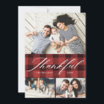 Elegant Script Thankful Photo Collage Thanksgving Holiday Card<br><div class="desc">Featuring three of your photos paired with elegant and modern calligraphy script that says "Thankful". Personalise with your own photos, name, and text. The back features a black and red watercolor buffalo check pattern for an extra special touch. Be sure to visit the shop to see more Thanksgiving Holiday Photo...</div>