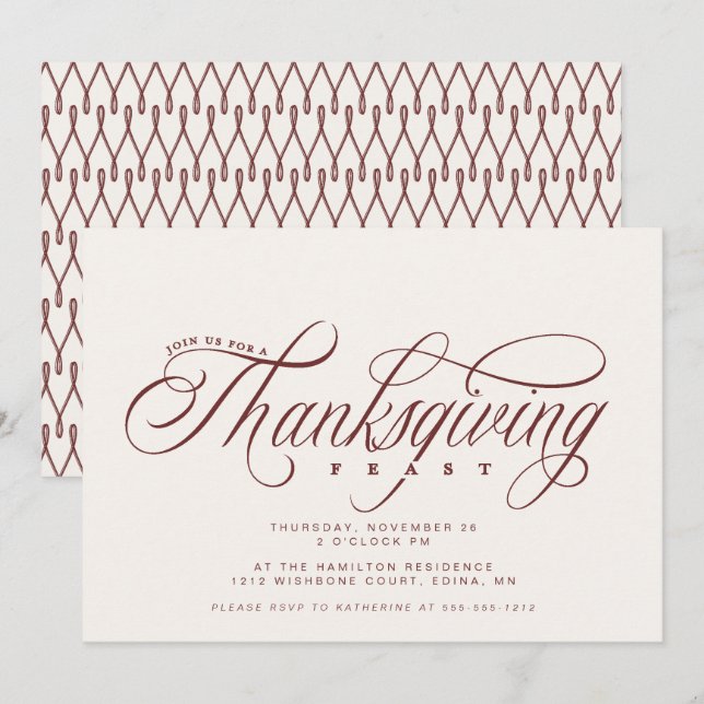 Elegant Script Thanksgiving Feast dinner  Invitation (Front/Back)