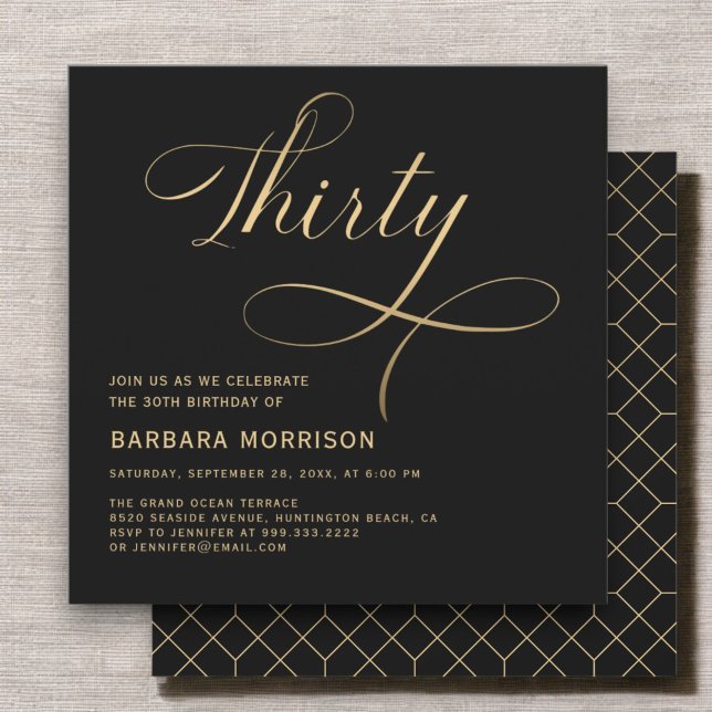 Elegant Script Thirty Black Gold 30th Birthday Invitation (Creator Uploaded)