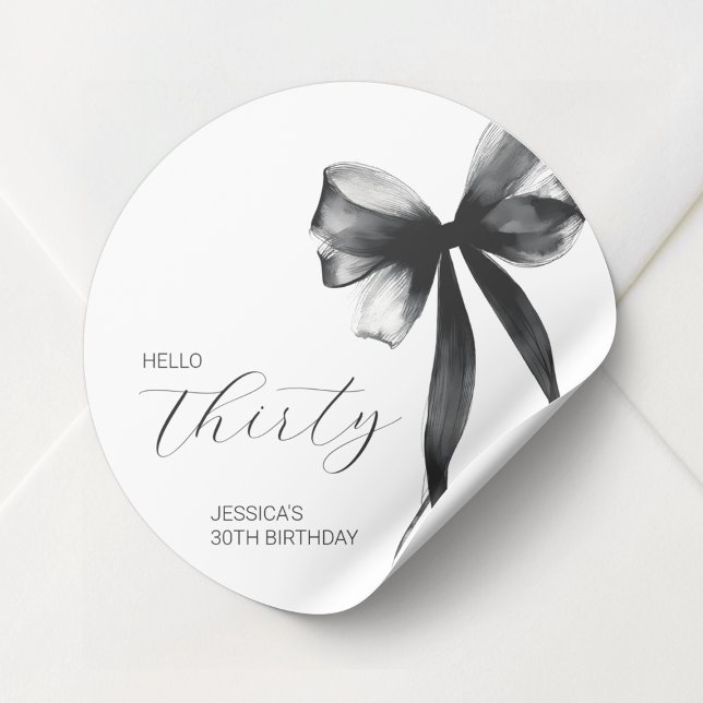 Elegant Script Thirty Bow 30th Birthday Party Classic Round Sticker (Elegant Script Thirty Bow 30th Birthday Party Classic Round Sticker)