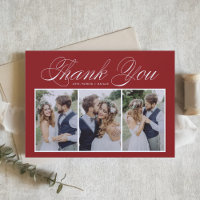 Elegant Script Three Photo Collage Red Wedding