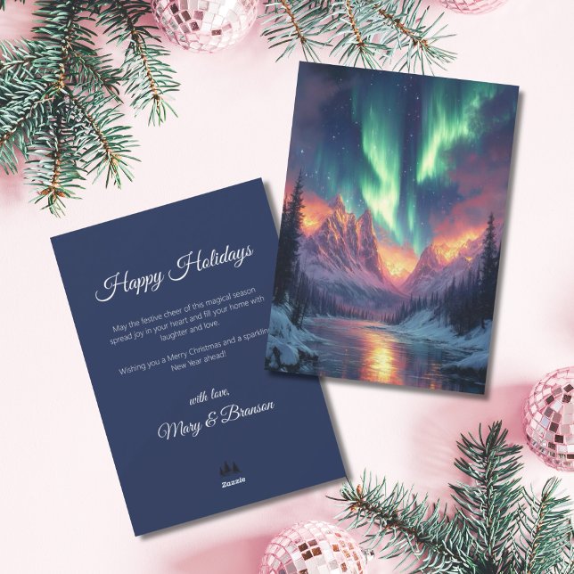 Elegant Script Tree Non Photo Aurora Holiday (Northern Lights Holiday Christmas Card)