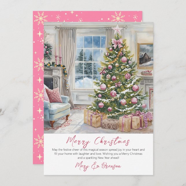 Elegant Script Tree Non Photo Watercolor Christmas Holiday Card (Front/Back)