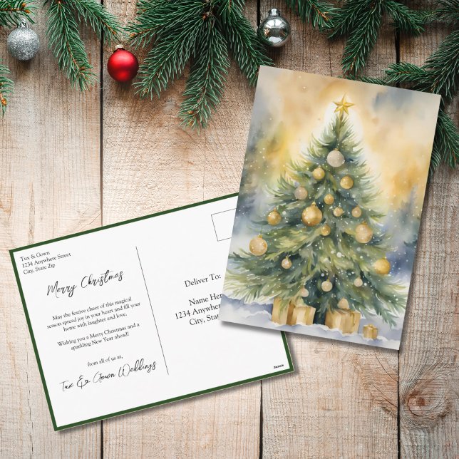 Elegant Script Tree Non Photo Watercolor Christmas Holiday Postcard (Watercolor Christmas Tree Card Postcard)
