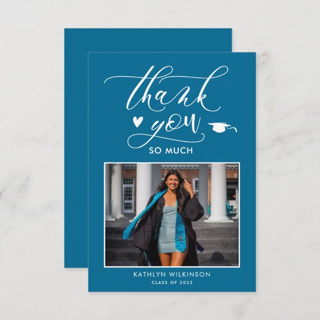 Elegant Script Turquoise Photo Simple Graduation Thank You Card (Front/Back)