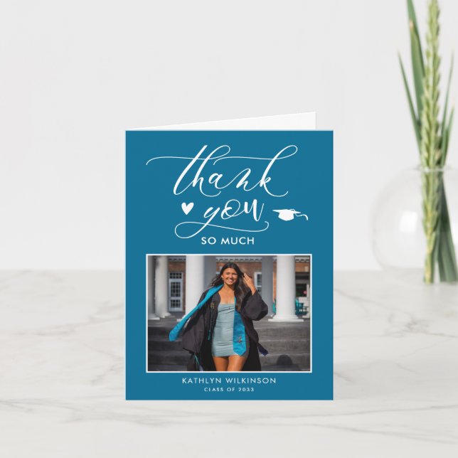 Elegant Script Turquoise Photo Simple Graduation Thank You Card (Front)