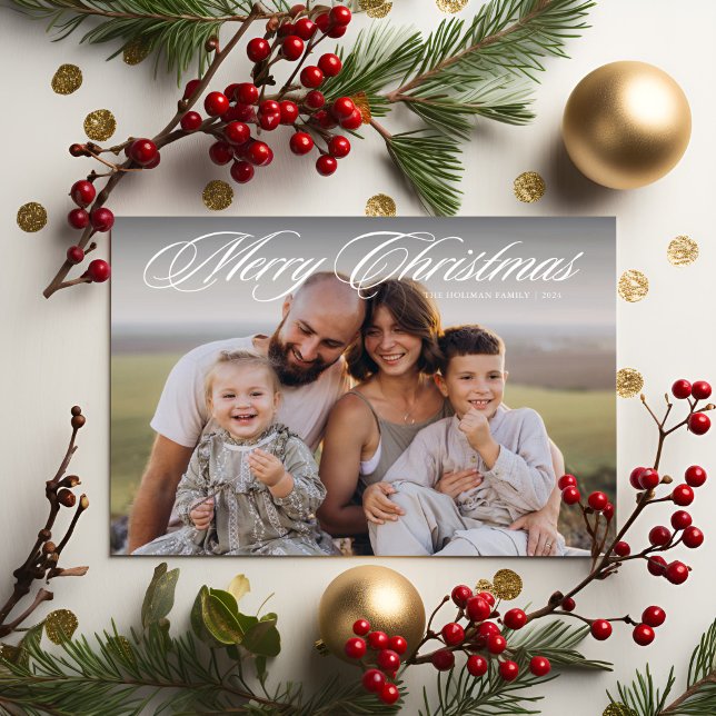 Elegant Script Two Photo Merry Christmas Holiday Card (Creator Uploaded)