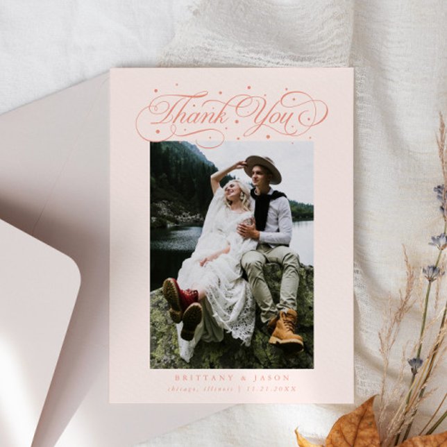 Elegant Script Typography Dots Wedding Peach Thank You Card (Creator Uploaded)