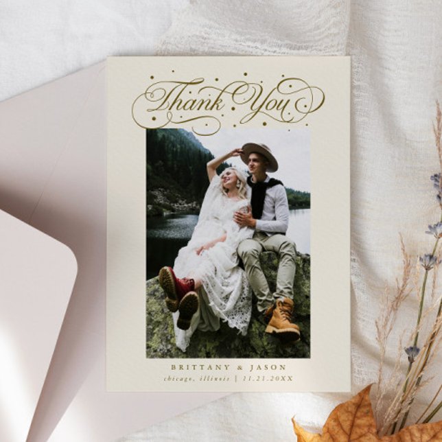 Elegant Script Typography Dots Wedding Photo Beige Thank You Card (Creator Uploaded)
