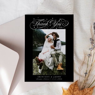 Elegant Script Typography Dots Wedding Photo Black Thank You Card