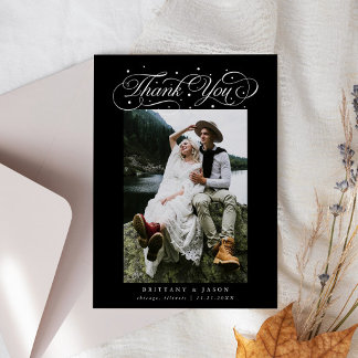 Elegant Script Typography Dots Wedding Photo Black Thank You Card