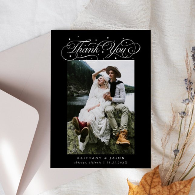 Elegant Script Typography Dots Wedding Photo Black Thank You Card (Creator Uploaded)