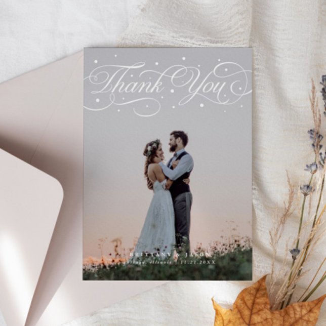 Elegant Script Typography Dots Wedding Photo Thank You Card (Creator Uploaded)