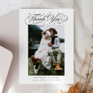 Elegant Script Typography Dots Wedding Photo White Thank You Card