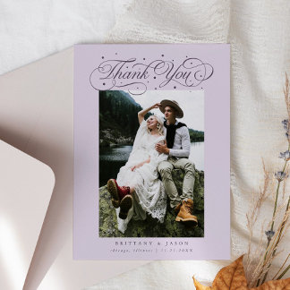 Elegant Script Typography Dots Wedding Purple Thank You Card