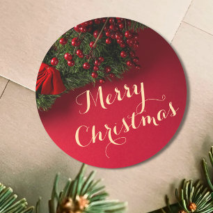 Elegant Script Typography Red Merry Christmas   Classic Round Sticker