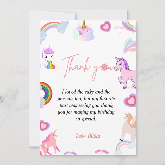 Elegant script unicorn birthday thank you card (Front)