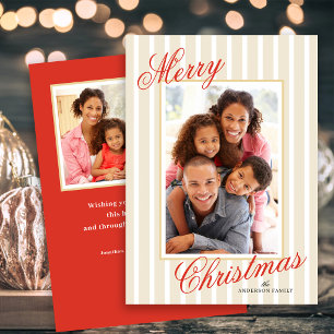 Elegant Script Vertical Stripes 2 Photos Holiday Card