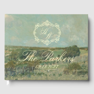 Elegant Script Vintage Painting Sage Green Wedding Guest Book