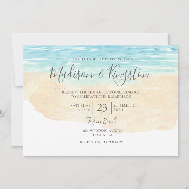 Elegant Script Watercolor Beach Wedding Invitation (Front)