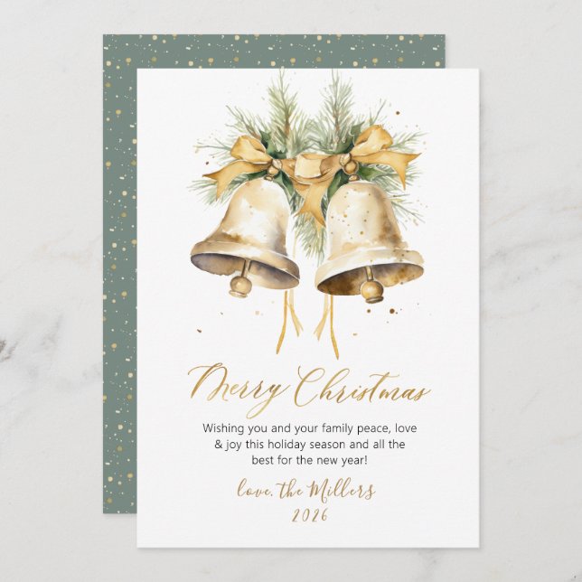 Elegant Script Watercolor Christmas Bells Holiday Card (Front/Back)