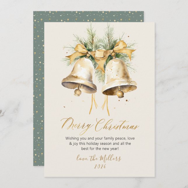 Elegant Script Watercolor Christmas Bells Holiday Card (Front/Back)