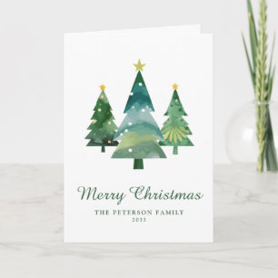 Elegant Script Watercolor Christmas Tree Photo Holiday Card