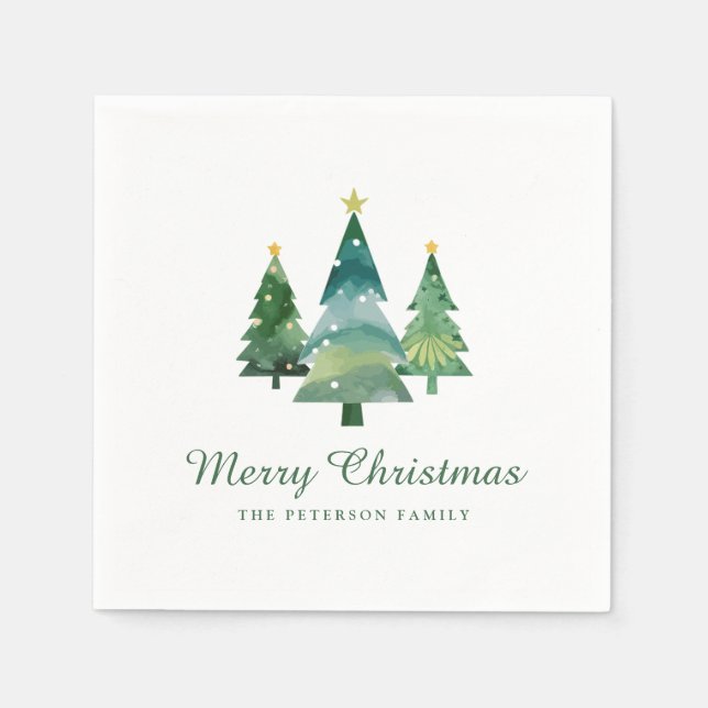 Elegant Script Watercolor Christmas Trees Napkin (Front)