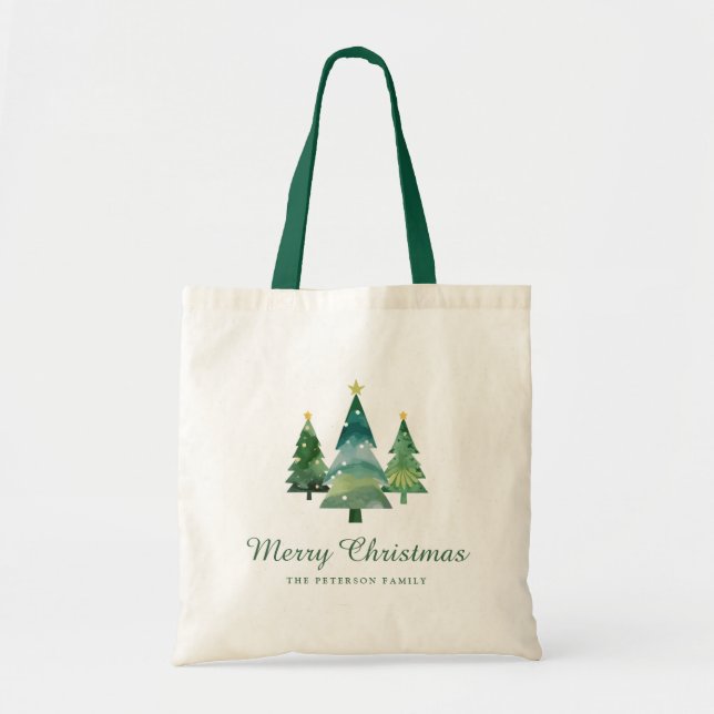 Elegant Script Watercolor Christmas Trees Tote Bag (Front)