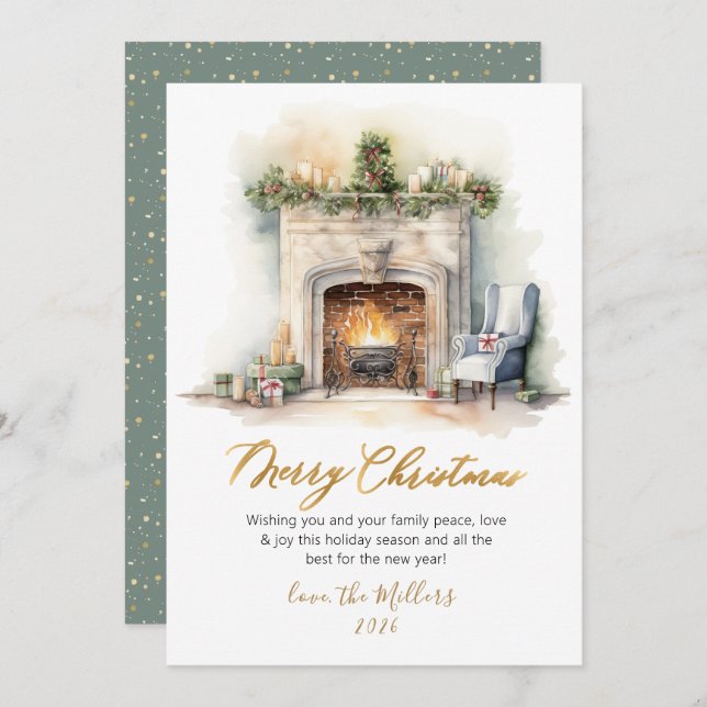 Elegant Script Watercolor Fireplace Christmas Holiday Card (Front/Back)