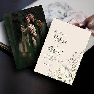 Elegant Script Watercolor Floral Wedding Photo Invitation