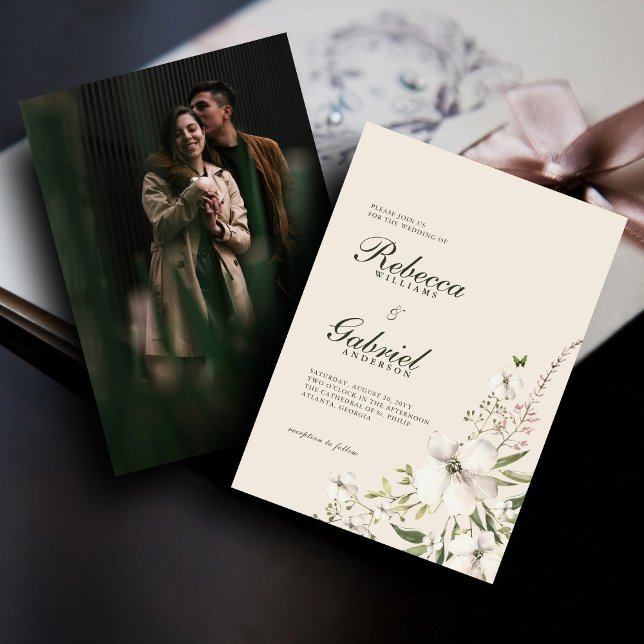 Elegant Script Watercolor Floral Wedding Photo Invitation (Creator Uploaded)