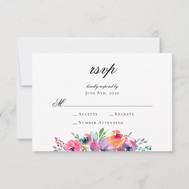 Elegant Script Watercolor Floral Wedding RSVP Card (Front)