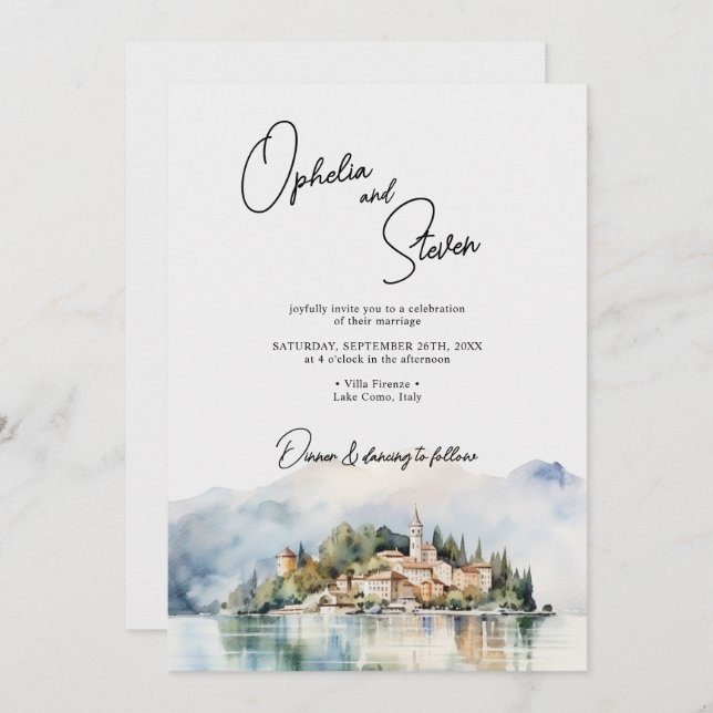 Elegant Script Watercolor Lake Como Italy Wedding Invitation (Front/Back)