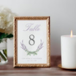 Elegant Script Watercolor Lavender Wedding Table Number<br><div class="desc">Elegant lilac and green wedding table numbers with watercolor lavender stems arranged in a open wreath. The headline "Table" is in lilac script font. Personalise with your names and wedding date.</div>