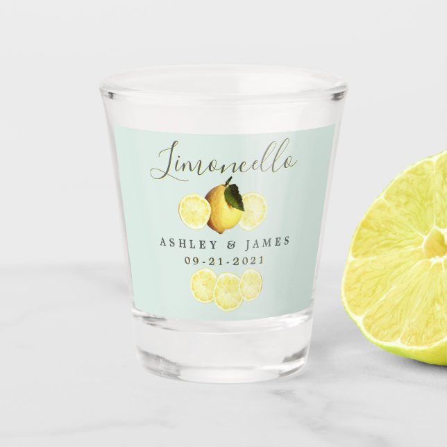 Elegant Script Watercolor Lemon Wedding Limoncello Shot Glass (Front)