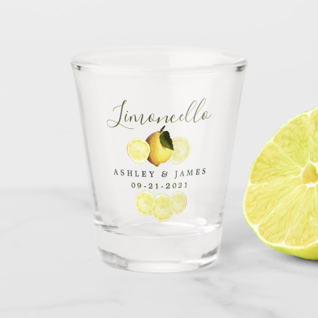 Elegant Script Watercolor Lemon Wedding Limoncello Shot Glass (Front)