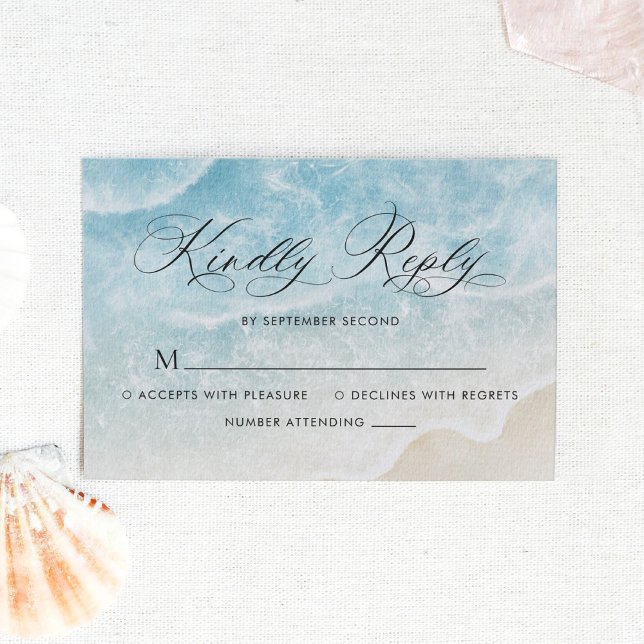 Elegant Script Watercolor Ocean Beach Wedding RSVP Card (Creator Uploaded)