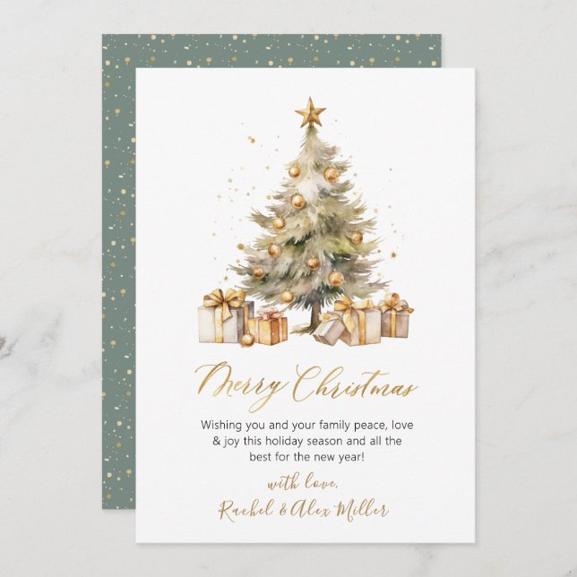 Elegant Script Watercolor Pine Tree Christmas Holiday Card (Front/Back)