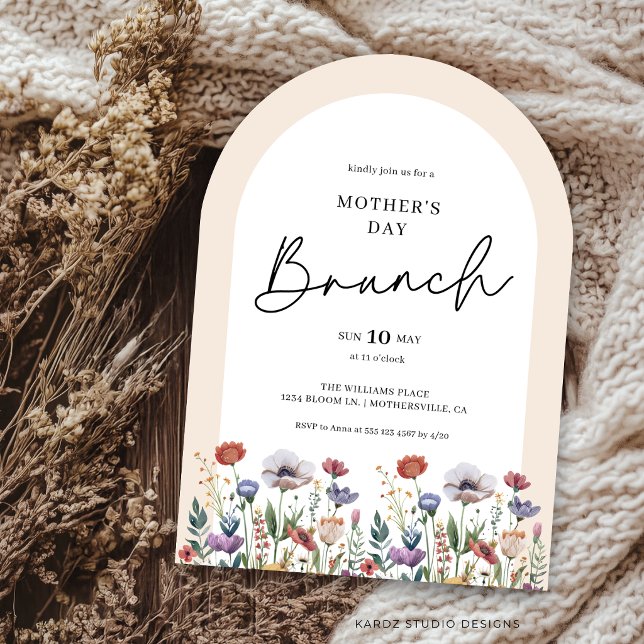 Elegant Script Watercolor Wildflower Bridal Brunch Invitation (An arched shape invitation is shown in 5x7 in. Choose size, paper, and corner style.)