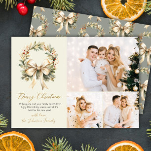 Elegant Script Watercolor Wreath Gold Bow 3 Photo Holiday Card