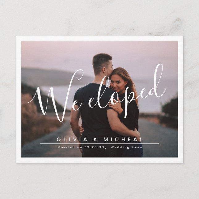 Elegant script "we eloped" modern photo wedding postcard (Front)